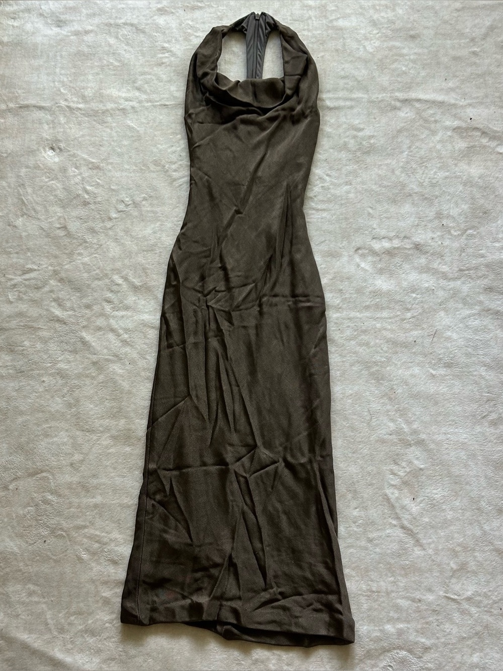 CUSHNIE Mink Brown Cowl Neck Halter Midi Sheath Dress Size 2 $1495